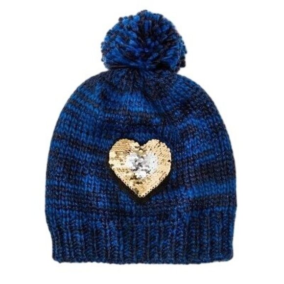 Girls Navy Blue Knit Beanie W/ Reversible Sequin Heart Patch & Pom - Picture 2 of 2